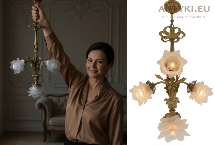 Antyczna lampa sufitowa z mosiądzu – florystyczne klosze, 4 × E14